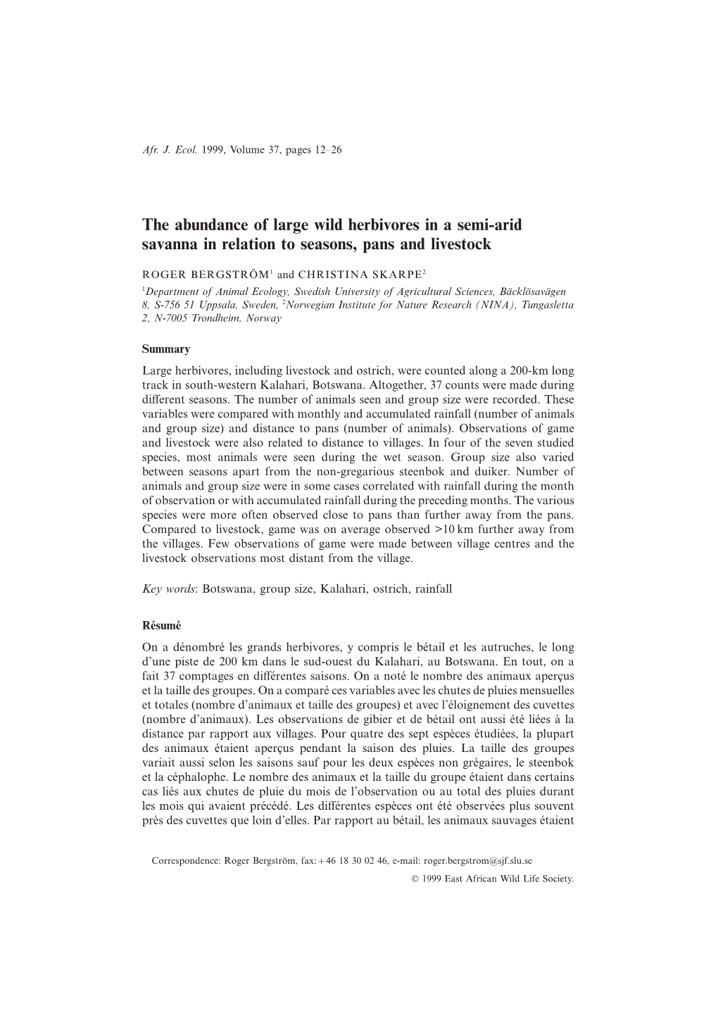 The Abundance of Large Wild Herbivores in a Semi-Arid Savanna in Relation to Seasons, Pans and Livestock