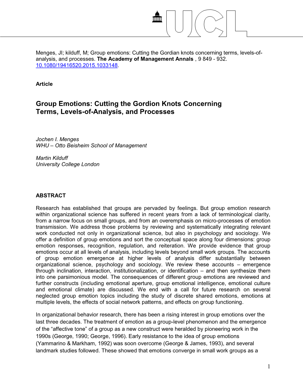 Group Emotions: Cutting the Gordian Knots Concerning Terms, Levels-Of- Analysis, and Processes