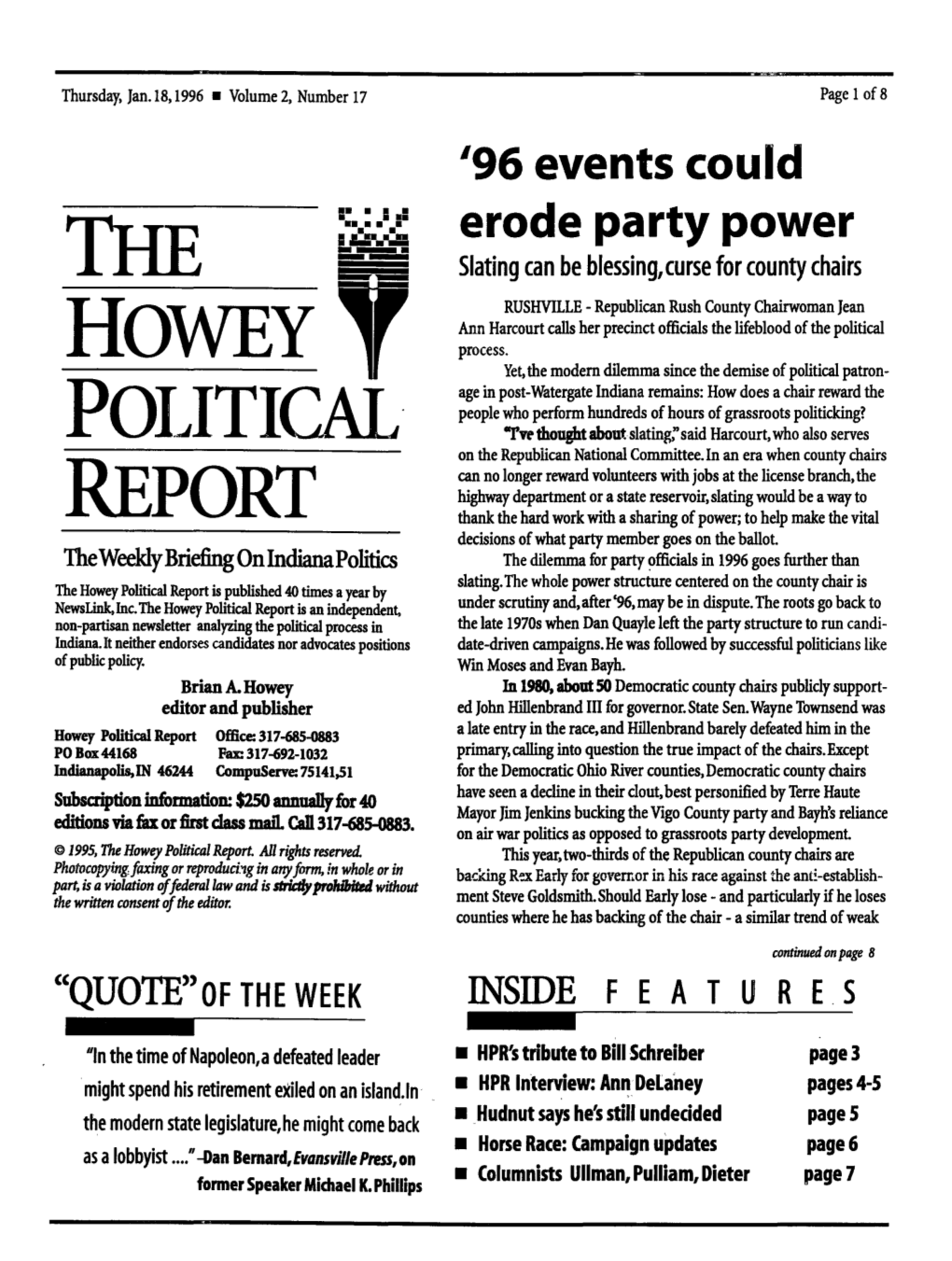 The Howey Political Report Is Published 40 Times a Year by Newslink,Inc