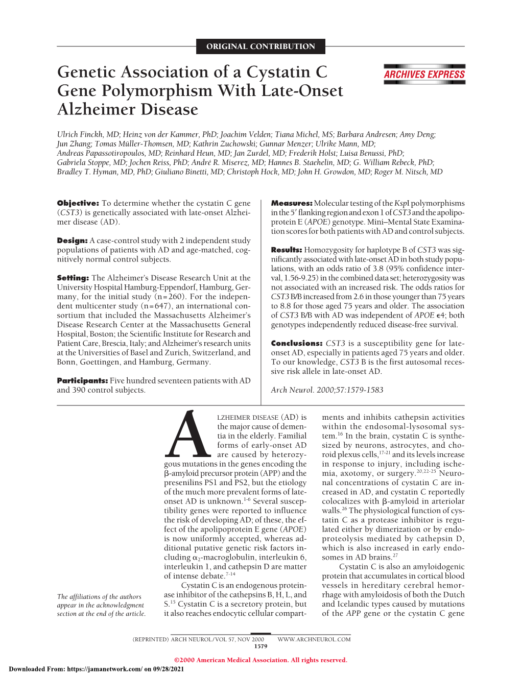 Genetic Association of a Cystatin C Gene Polymorphism with Late-Onset Alzheimer Disease