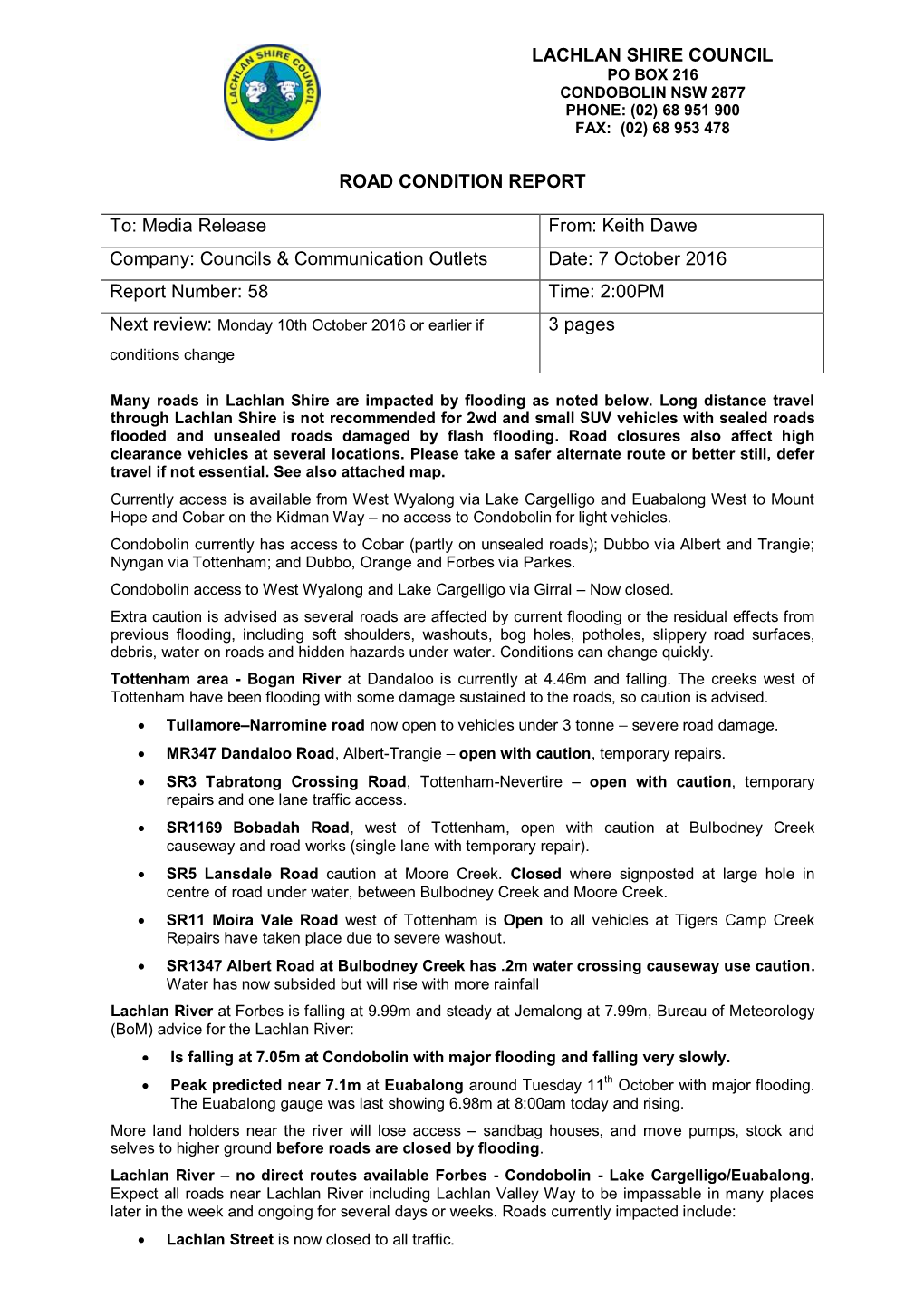 Lachlan Shire Council Po Box 216 Condobolin Nsw 2877 Phone: (02) 68 951 900 Fax: (02) 68 953 478