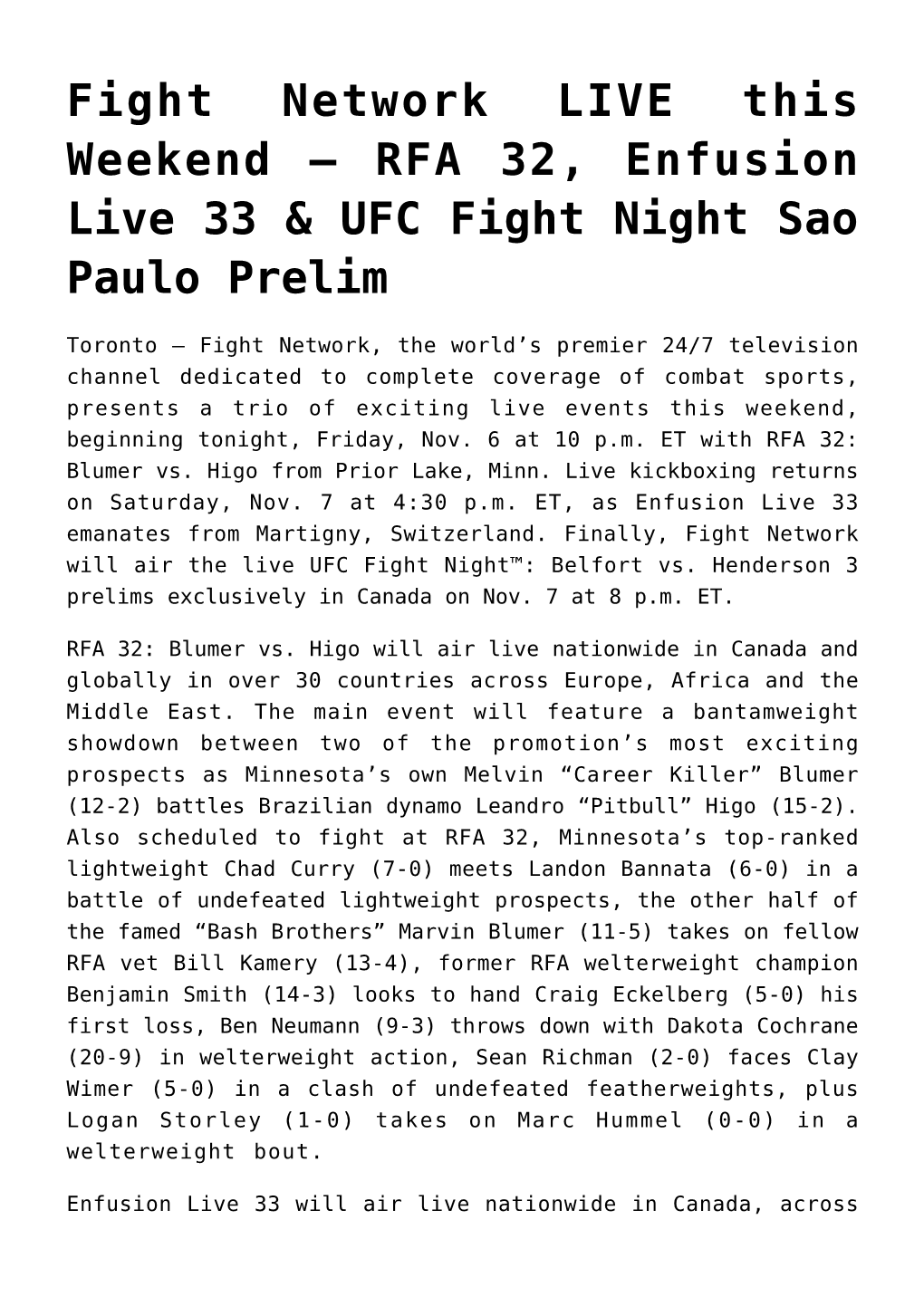 RFA 32, Enfusion Live 33 & UFC Fight Night Sao Paulo Prelim