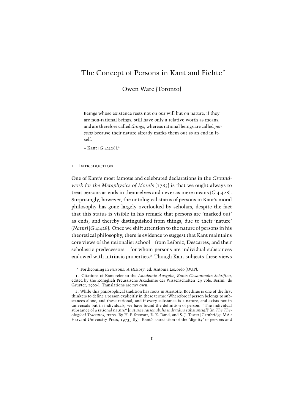 The Concept of Persons in Kant and Fichte Forthcoming In