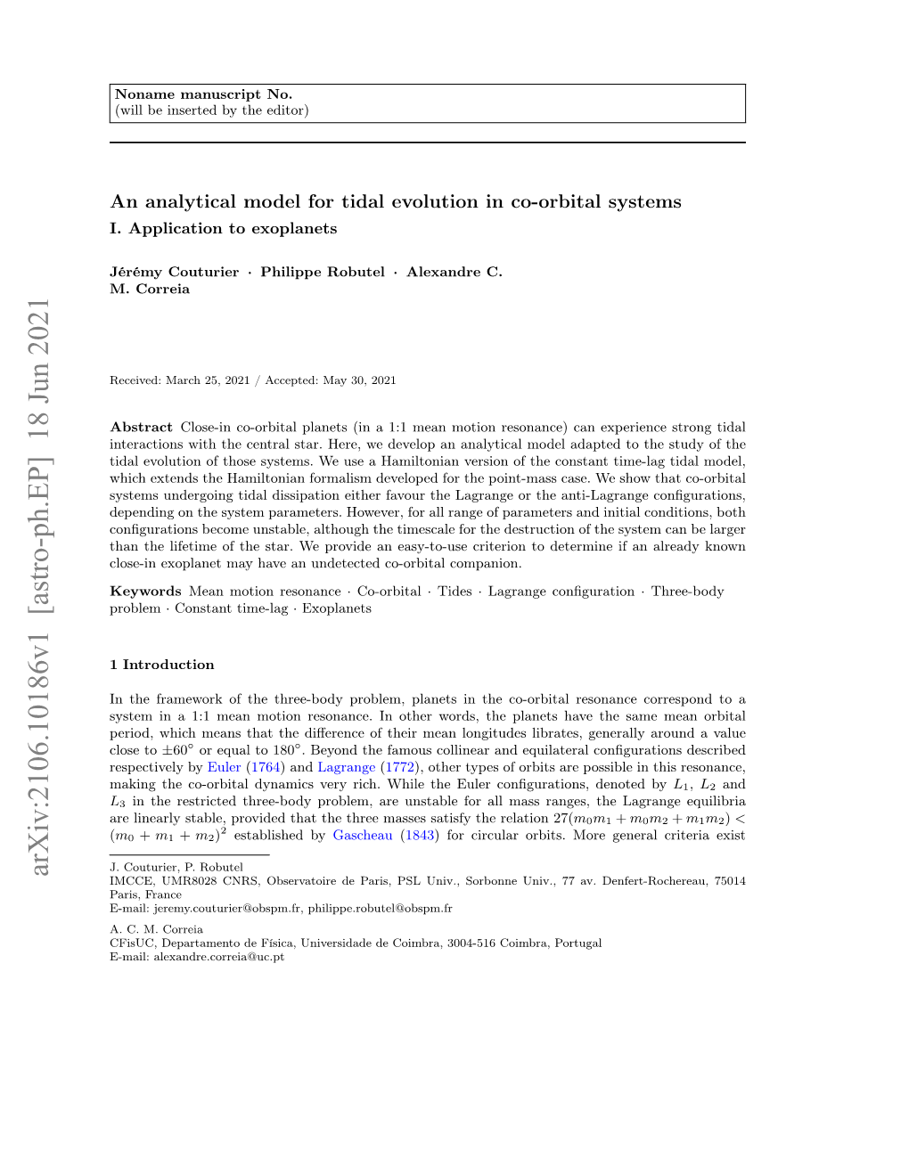 An Analytical Model for Tidal Evolution in Co-Orbital Systems $\, $ I