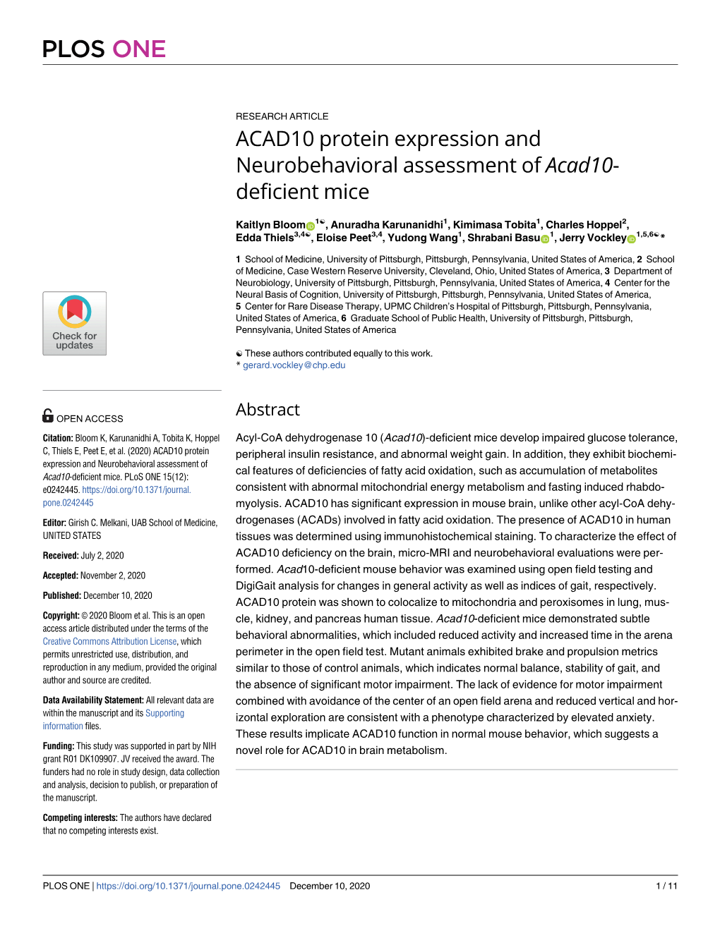 ACAD10 Protein Expression and Neurobehavioral Assessment of Acad10- Deficient Mice