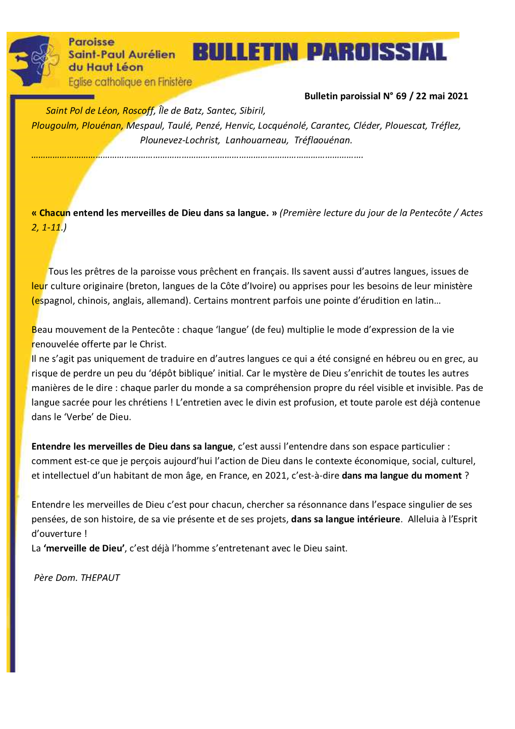 Bulletin Paroissial N° 69 / 22 Mai 2021 Saint Pol De Léon, Roscoff, Île De