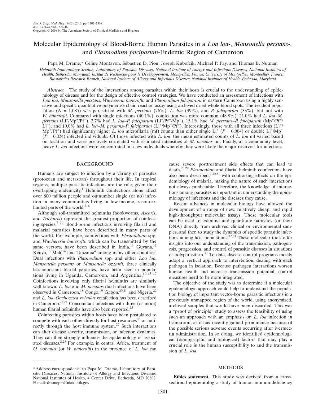 Molecular Epidemiology of Blood-Borne Human Parasites in a Loa Loa-, Mansonella Perstans-, and Plasmodium Falciparum-Endemic Region of Cameroon