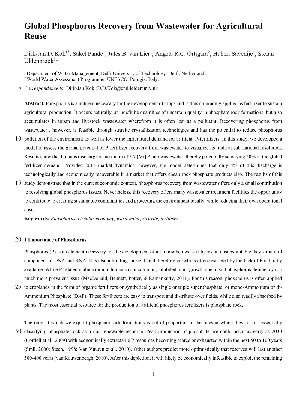 Global Phosphorus Recovery from Wastewater for Agricultural Reuse