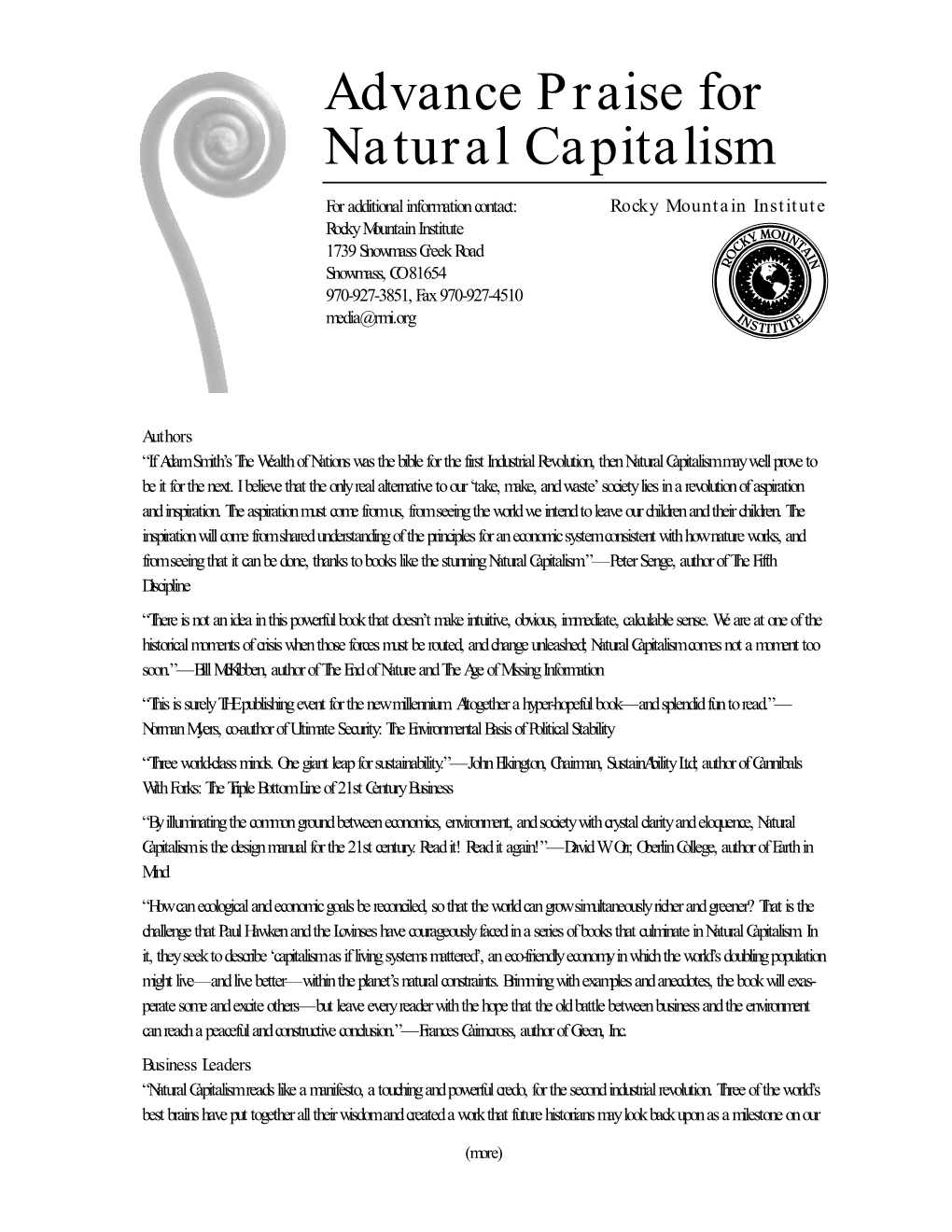 Advance Praise for Natural Capitalism