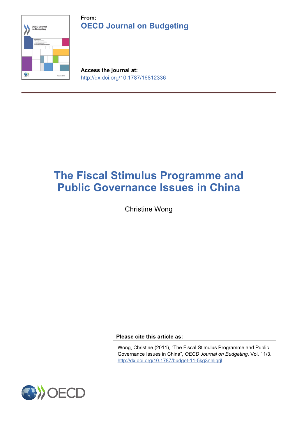 The Fiscal Stimulus Programme and Public Governance Issues in China