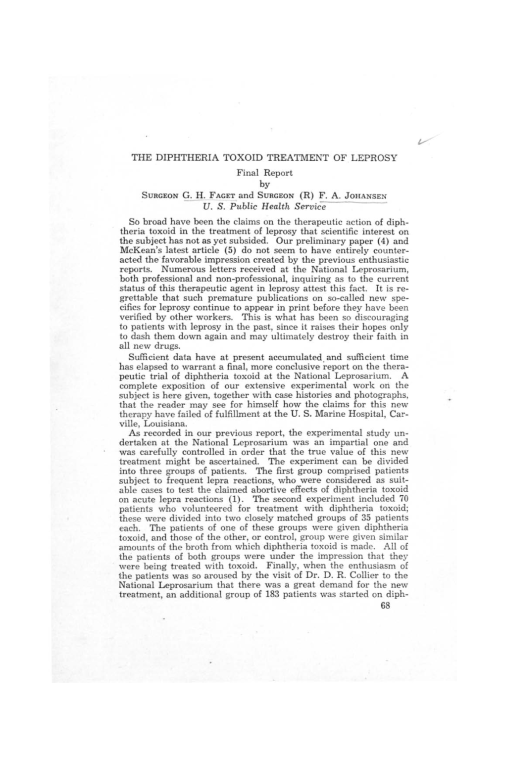 THE DIPHTHERIA TOXOID TREATMENT of LEPROSY Final Report by SURGEON G