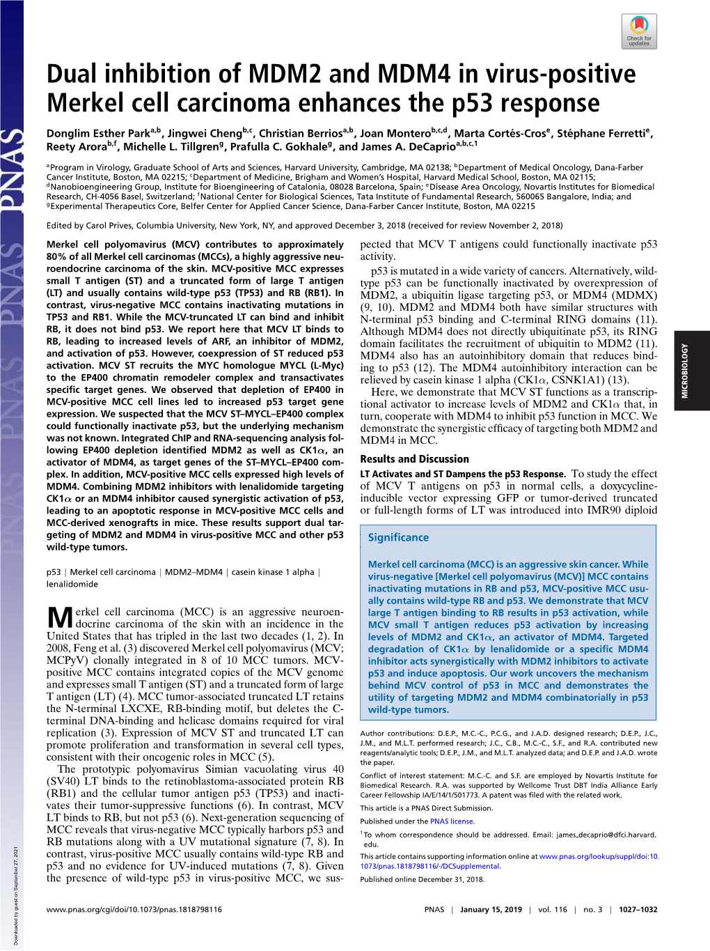 Dual Inhibition of MDM2 and MDM4 in Virus-Positive Merkel Cell