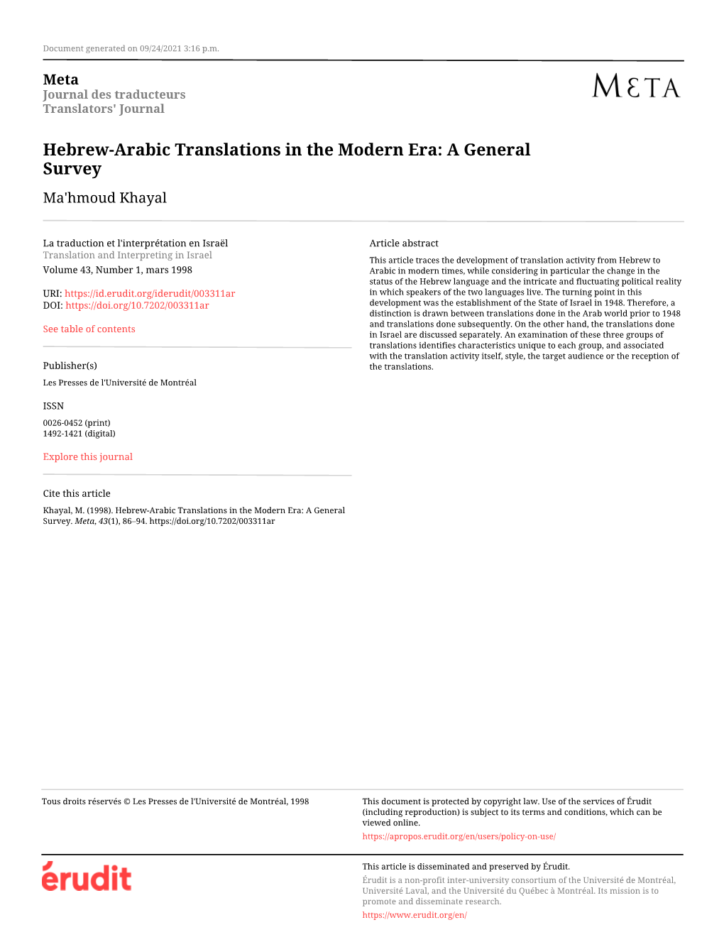 Hebrew-Arabic Translations in the Modern Era: a General Survey Ma'hmoud Khayal