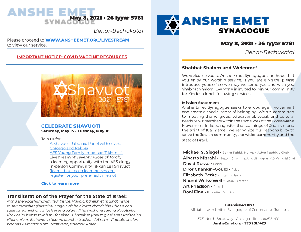 May 8, 2021 • 26 Iyyar 5781 Behar-Bechukotai IMPORTANT NOTICE: COVID VACCINE RESOURCES