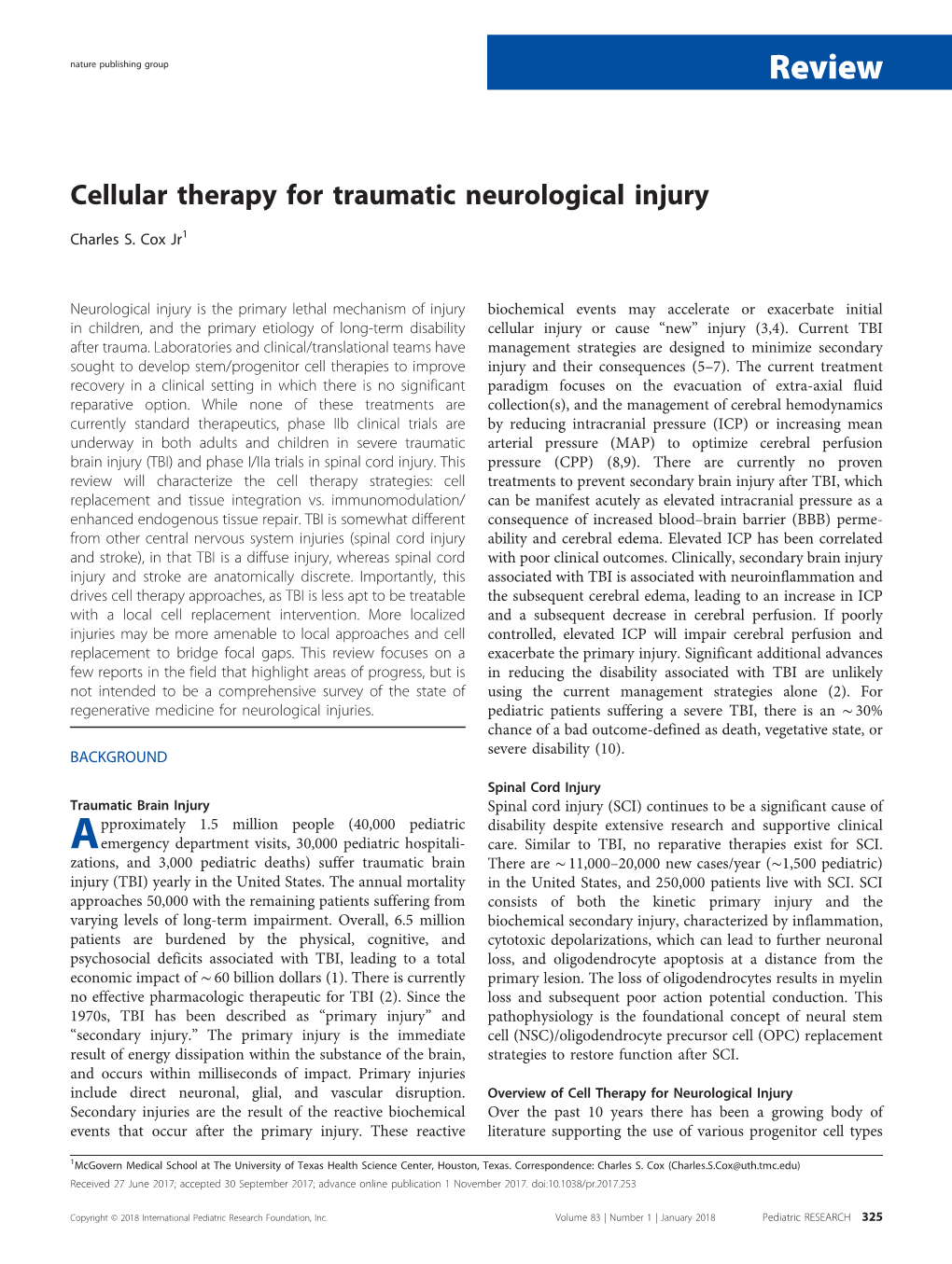 Cellular Therapy for Traumatic Neurological Injury