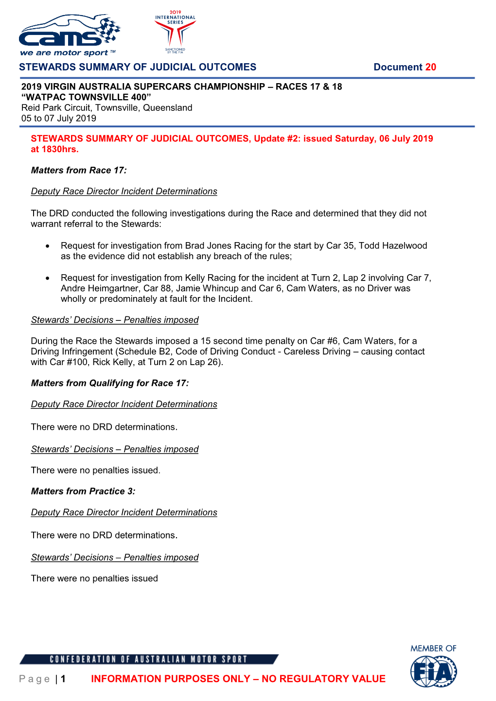 STEWARDS SUMMARY of JUDICIAL OUTCOMES Document 20