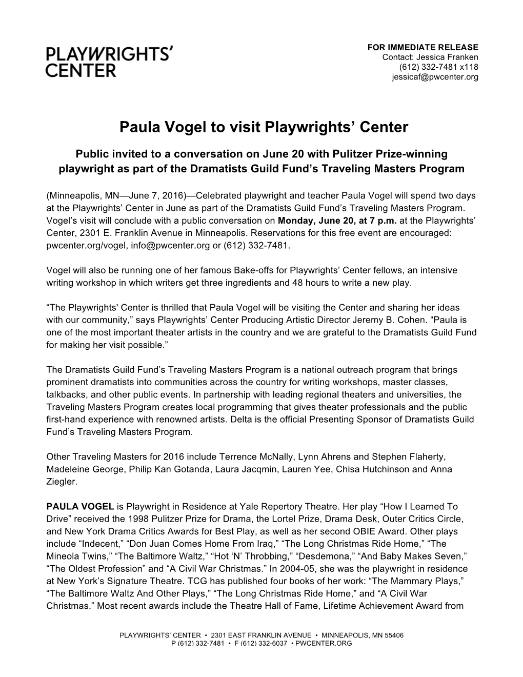 Paula Vogel to Visit Playwrights' Center