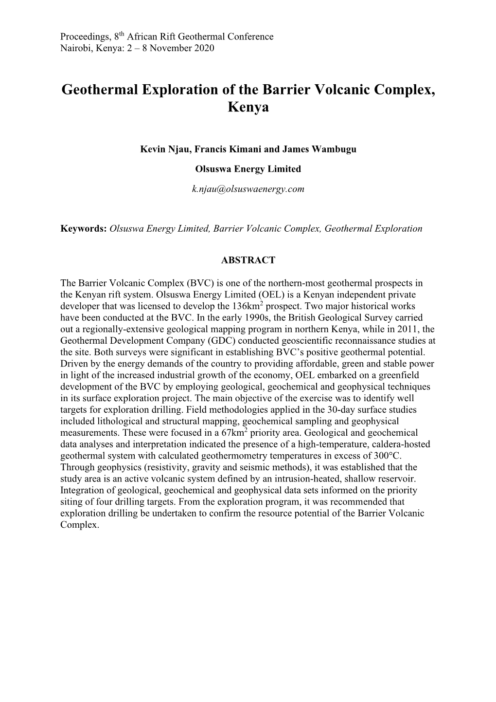 Geothermal Exploration of the Barrier Volcanic Complex, Kenya