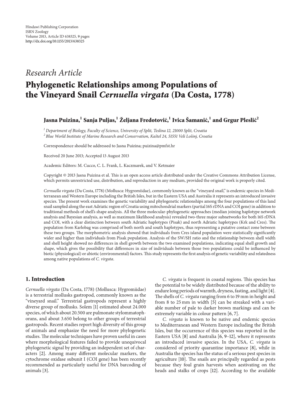 Phylogenetic Relationships Among Populations of the Vineyard Snail Cernuella Virgata (Da Costa, 1778)