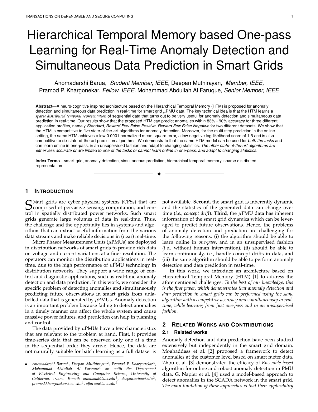 Hierarchical Temporal Memory Based One-Pass Learning for Real-Time Anomaly Detection and Simultaneous Data Prediction in Smart Grids