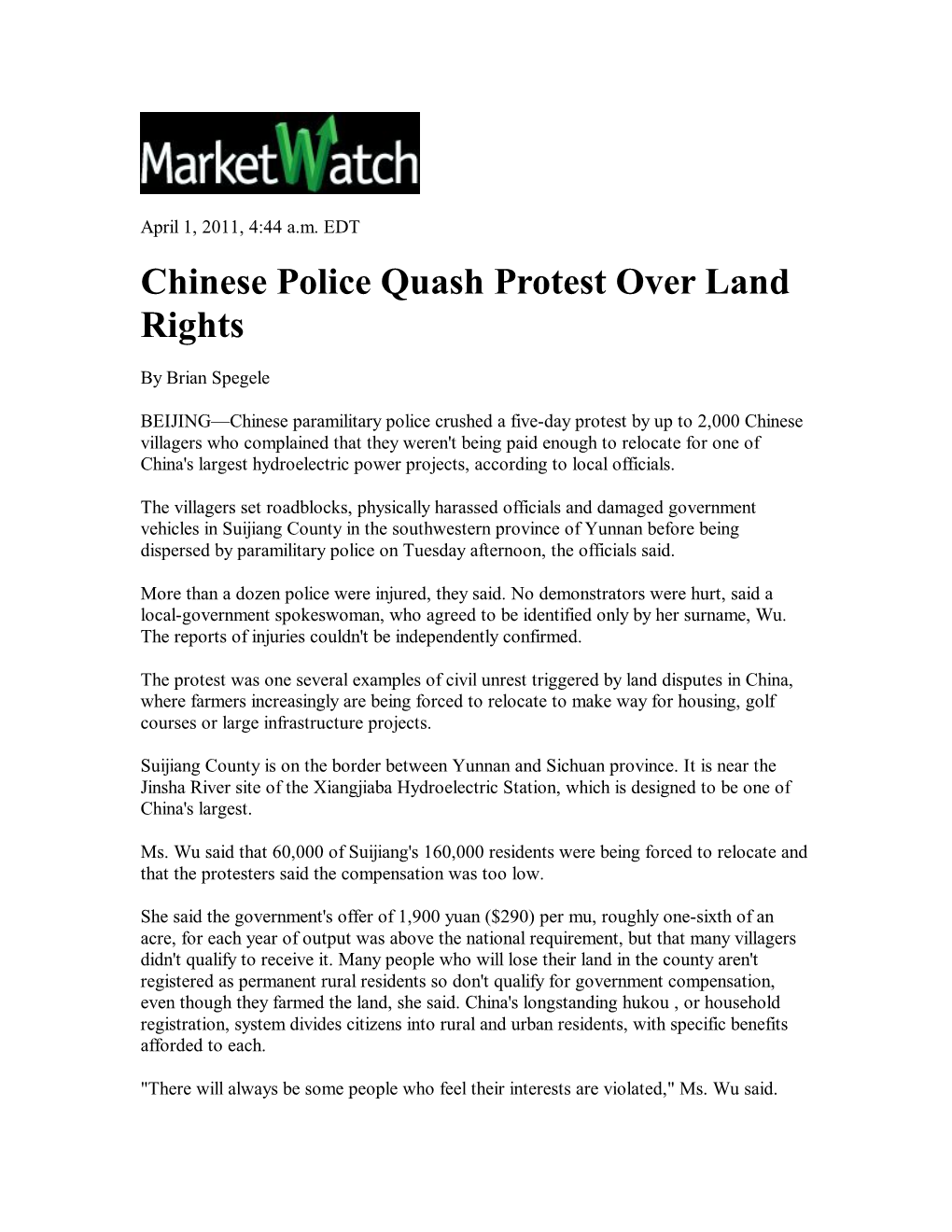 Chinese Police Quash Protest Over Land Rights