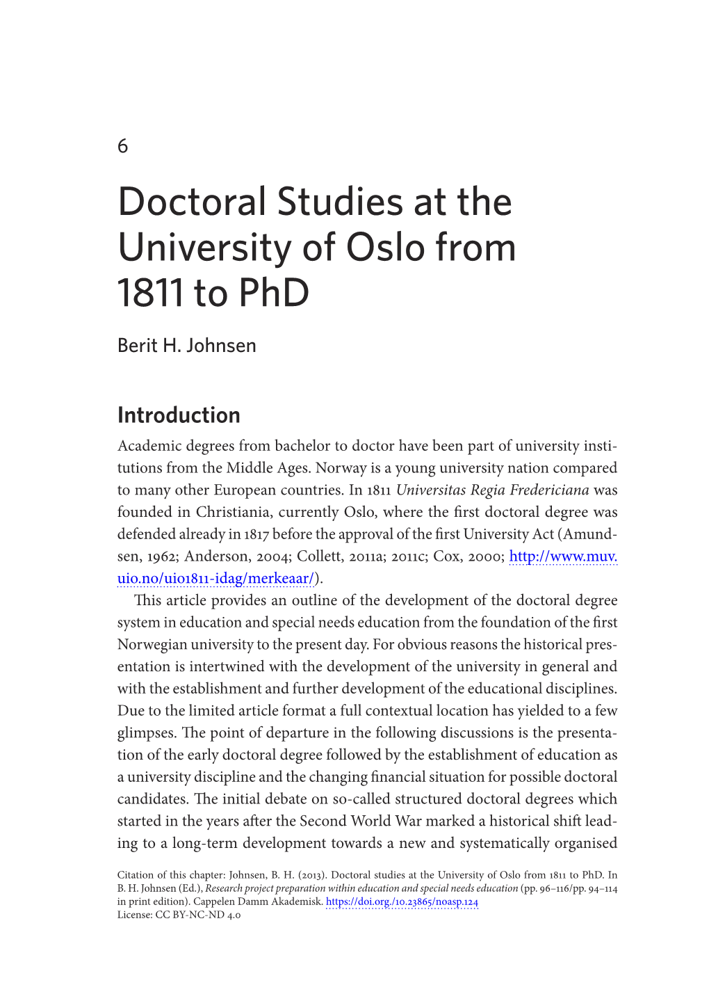 6. Doctoral Studies at the University of Oslo from 1811 to Phd Berit Johnsen