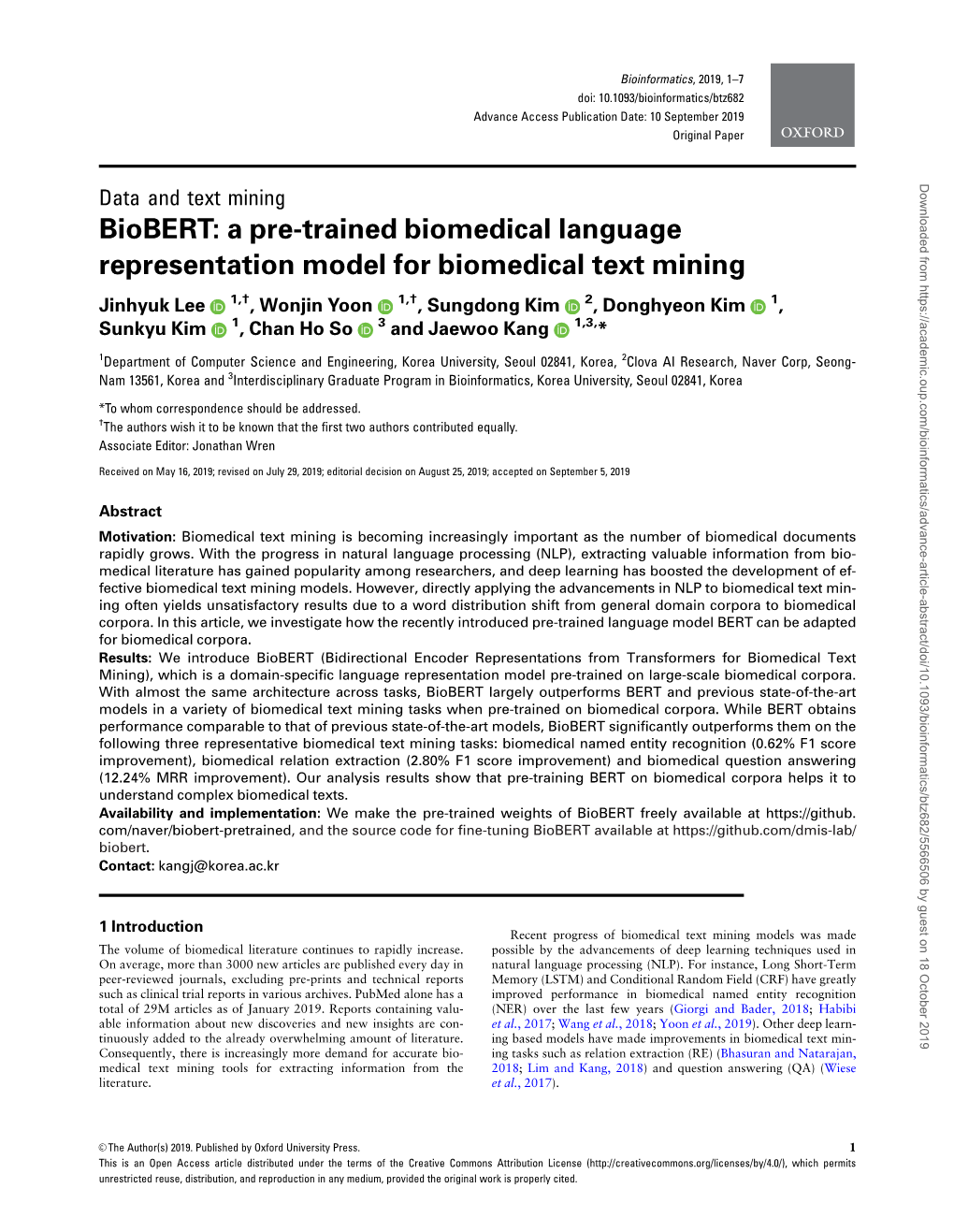 Biobert: a Pre-Trained Biomedical Language Representation Model For