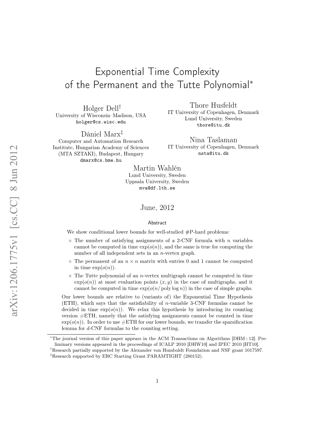 Exponential Time Complexity of the Permanent and the Tutte Polynomial∗