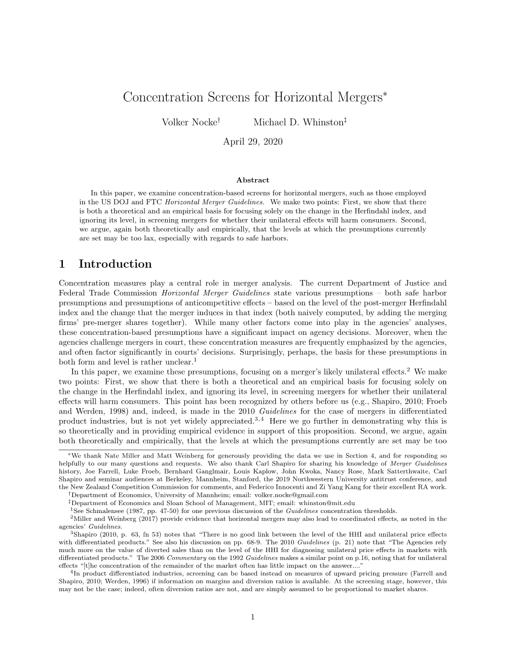 Concentration Screens for Horizontal Mergers∗