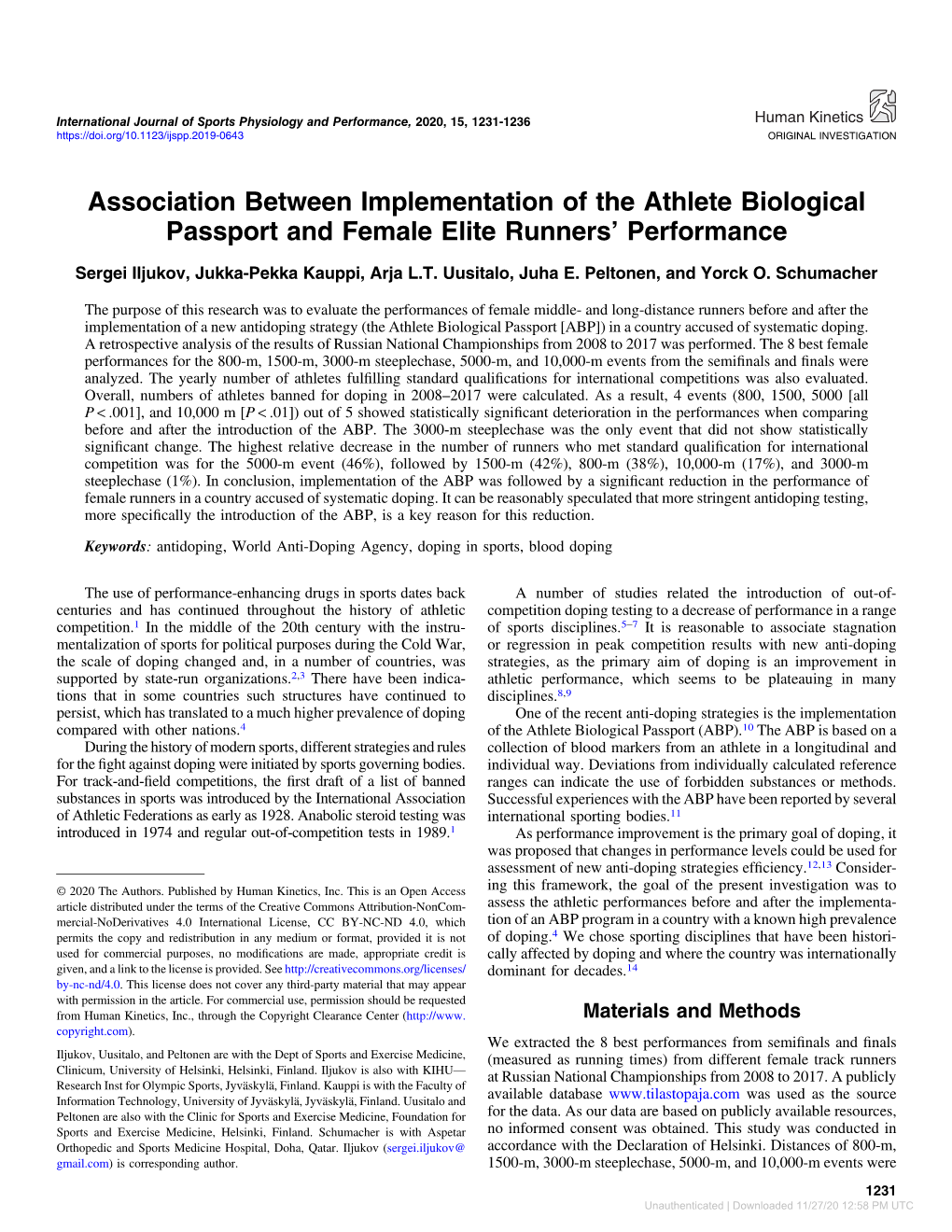 Association Between Implementation of the Athlete Biological Passport and Female Elite Runners’ Performance