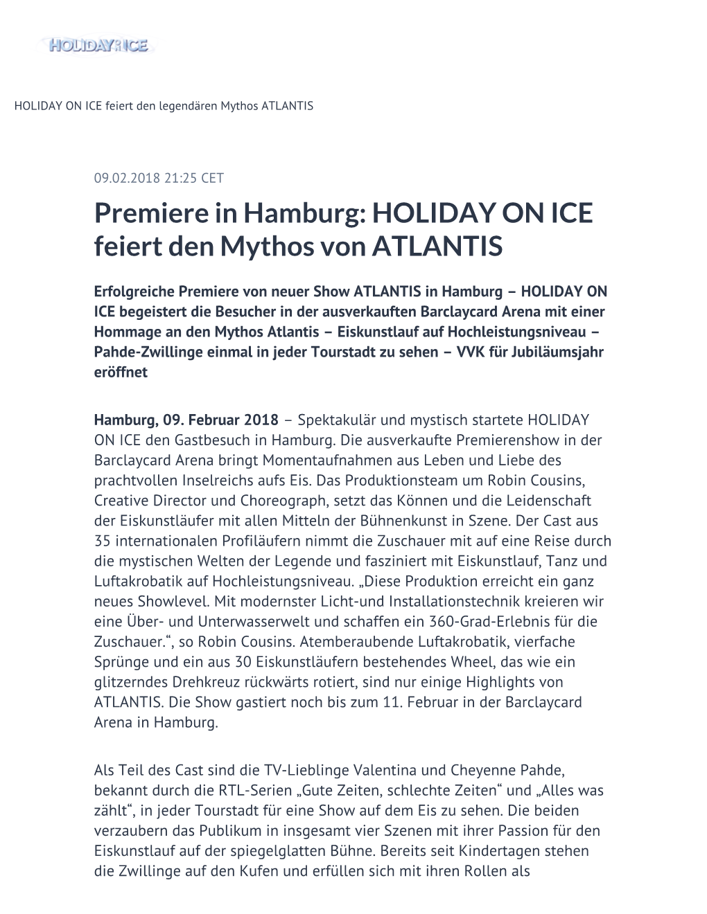 Premiere in Hamburg: HOLIDAY on ICE Feiert Den Mythos Von ATLANTIS
