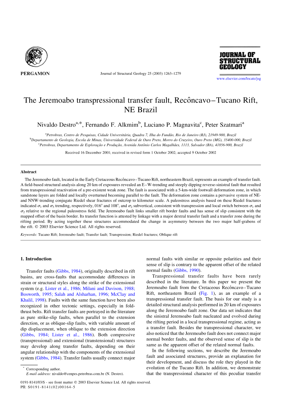 The Jeremoabo Transpressional Transfer Fault, Recoˆncavo–Tucano Rift, NE Brazil