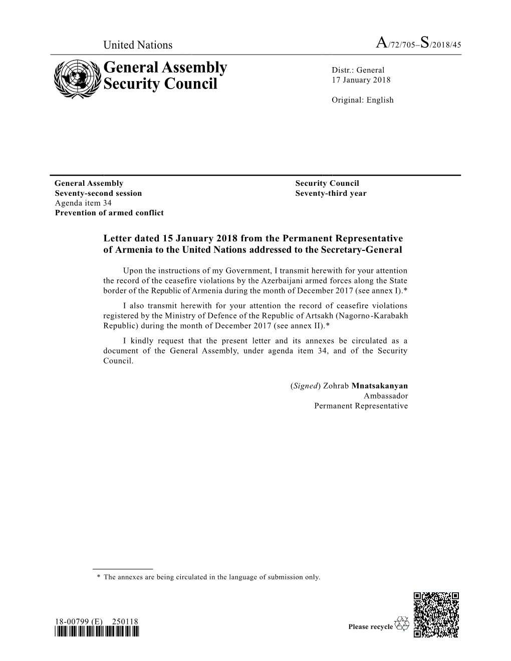 General Assembly Security Council Seventy-Second Session Seventy-Third Year Agenda Item 34 Prevention of Armed Conflict