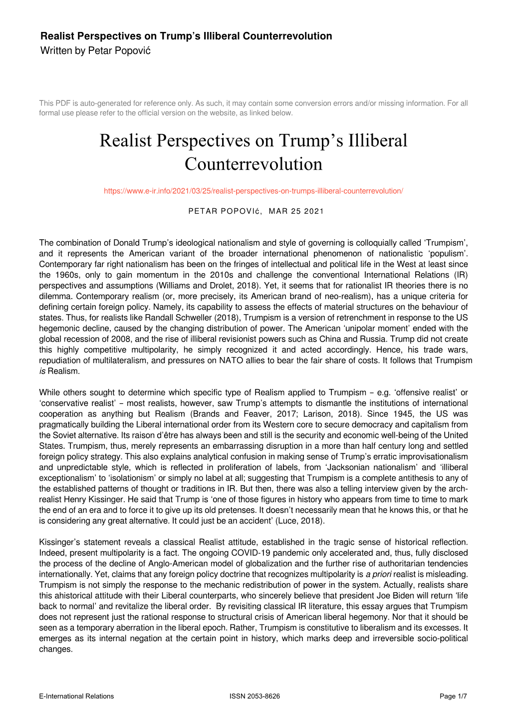 Realist Perspectives on Trump's Illiberal Counterrevolution