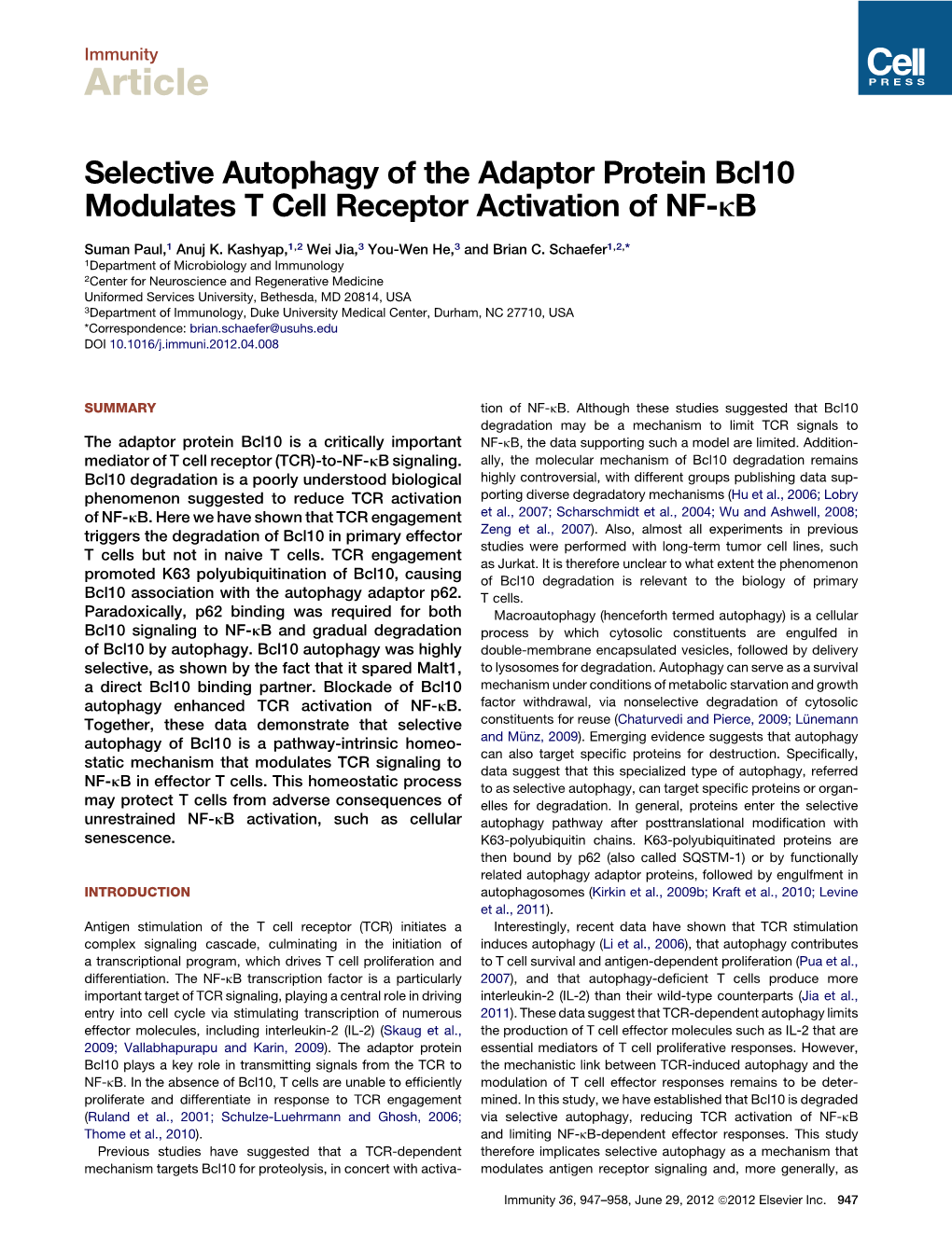 Selective Autophagy of the Adaptor Protein Bcl10 Modulates T Cell Receptor Activation of NF-Kb
