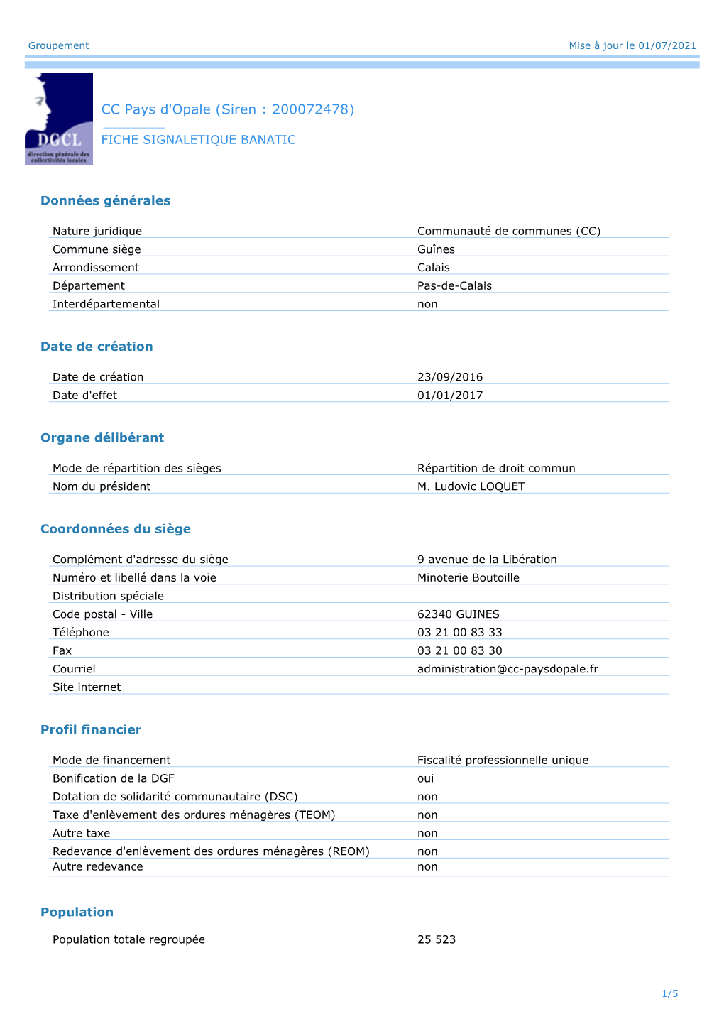 CC Pays D'opale (Siren : 200072478)