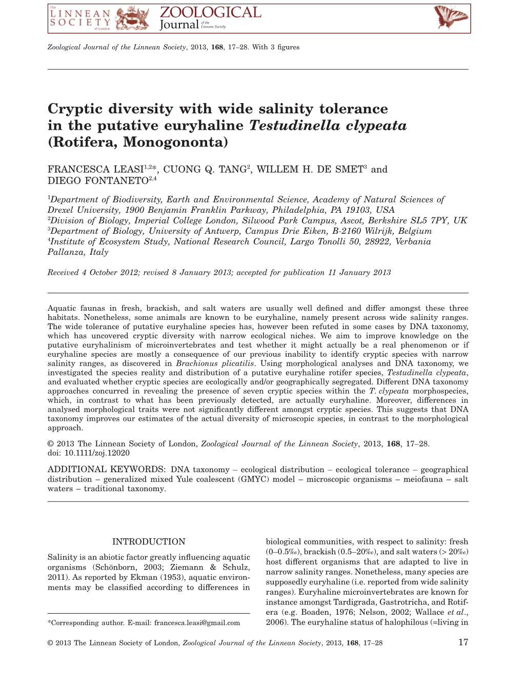 Cryptic Diversity with Wide Salinity Tolerance in the Putative Euryhaline Testudinella Clypeata (Rotifera, Monogononta)