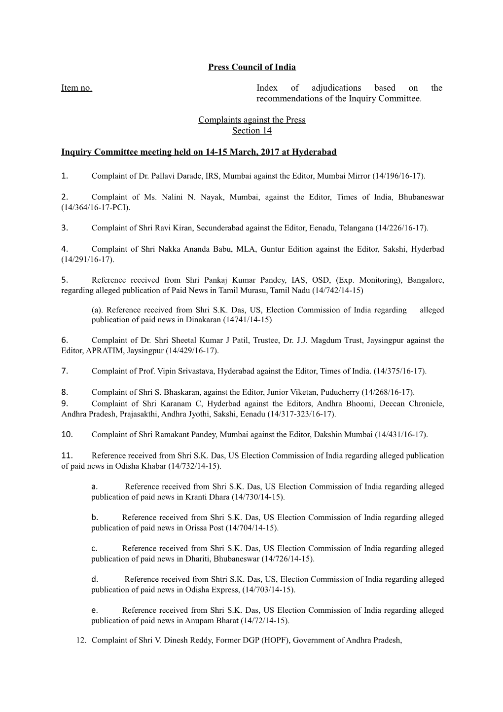 Press Council of India Item No. Index of Adjudications Based on The