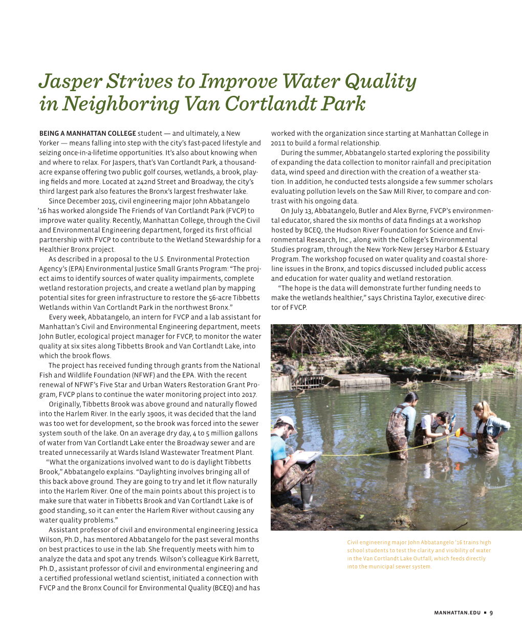 Jasper Strives to Improve Water Quality in Neighboring Van Cortlandt Park