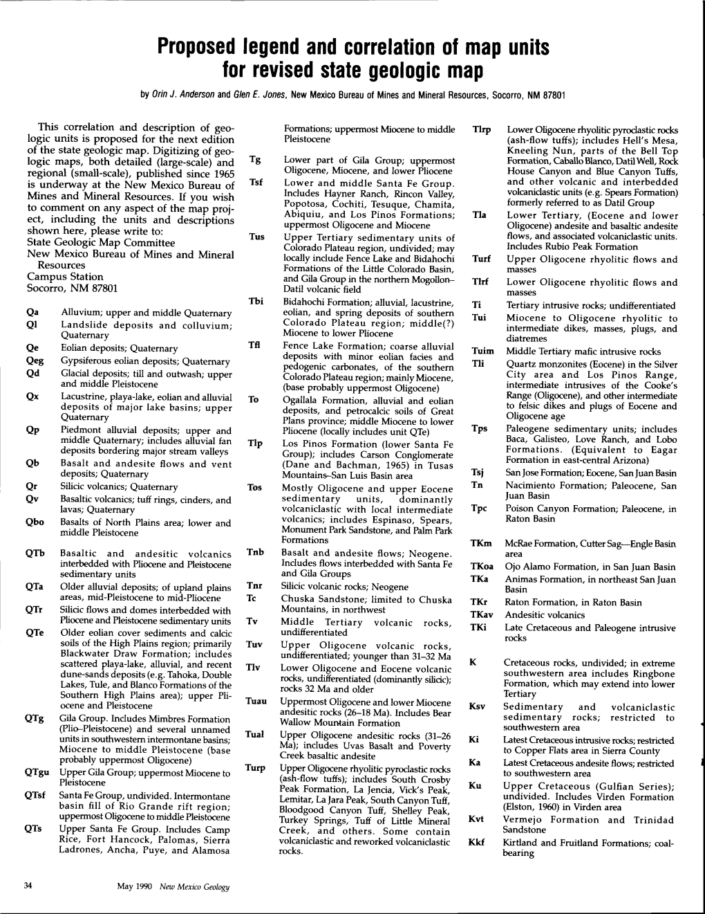 Proposed Legend and Correlation of Map Units for Revised State Geologic