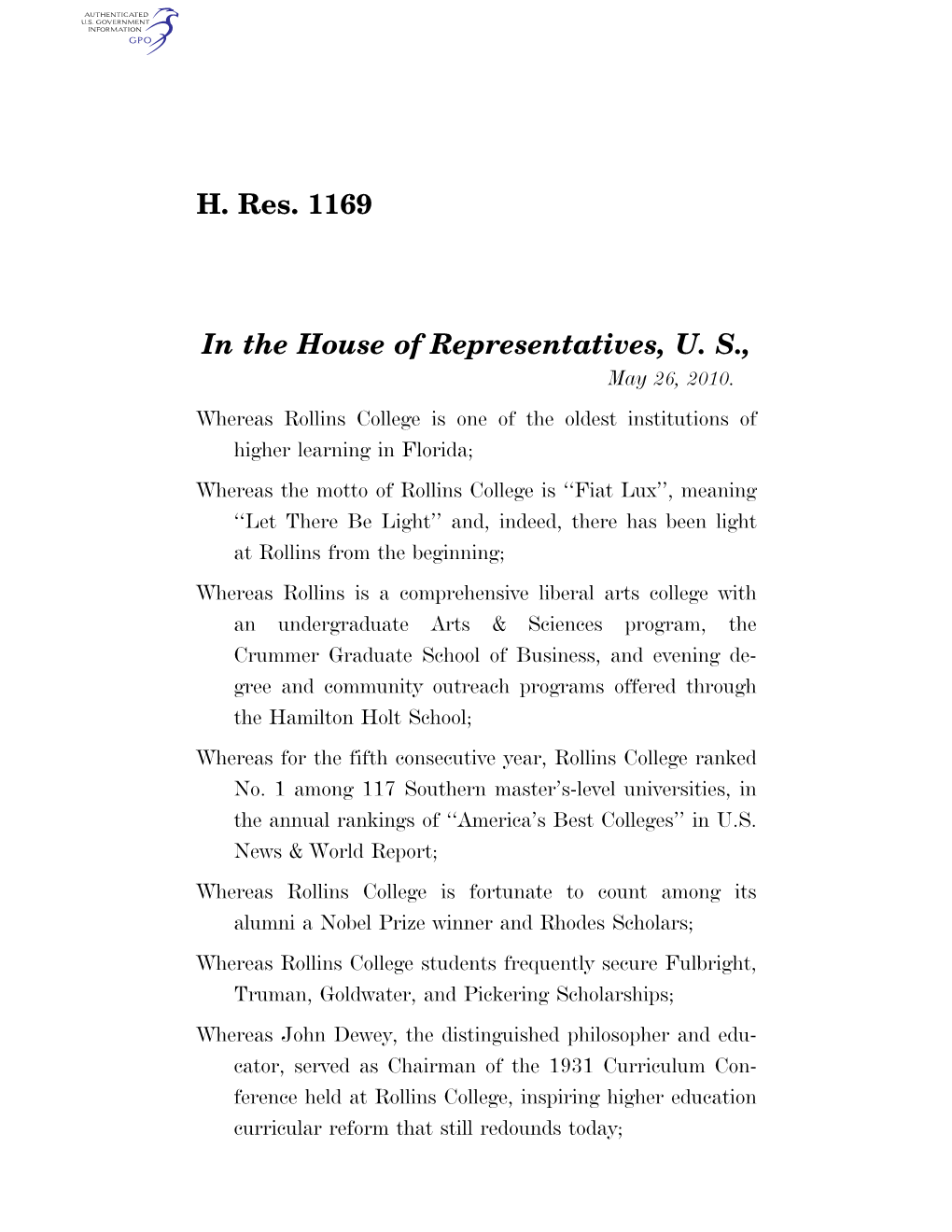 H. Res. 1169 in the House of Representatives, U