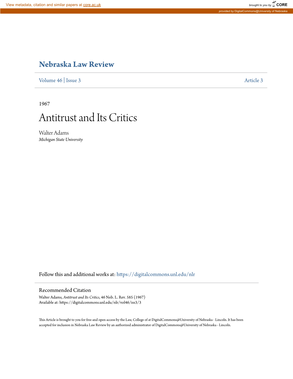 Antitrust and Its Critics Walter Adams Michigan State University