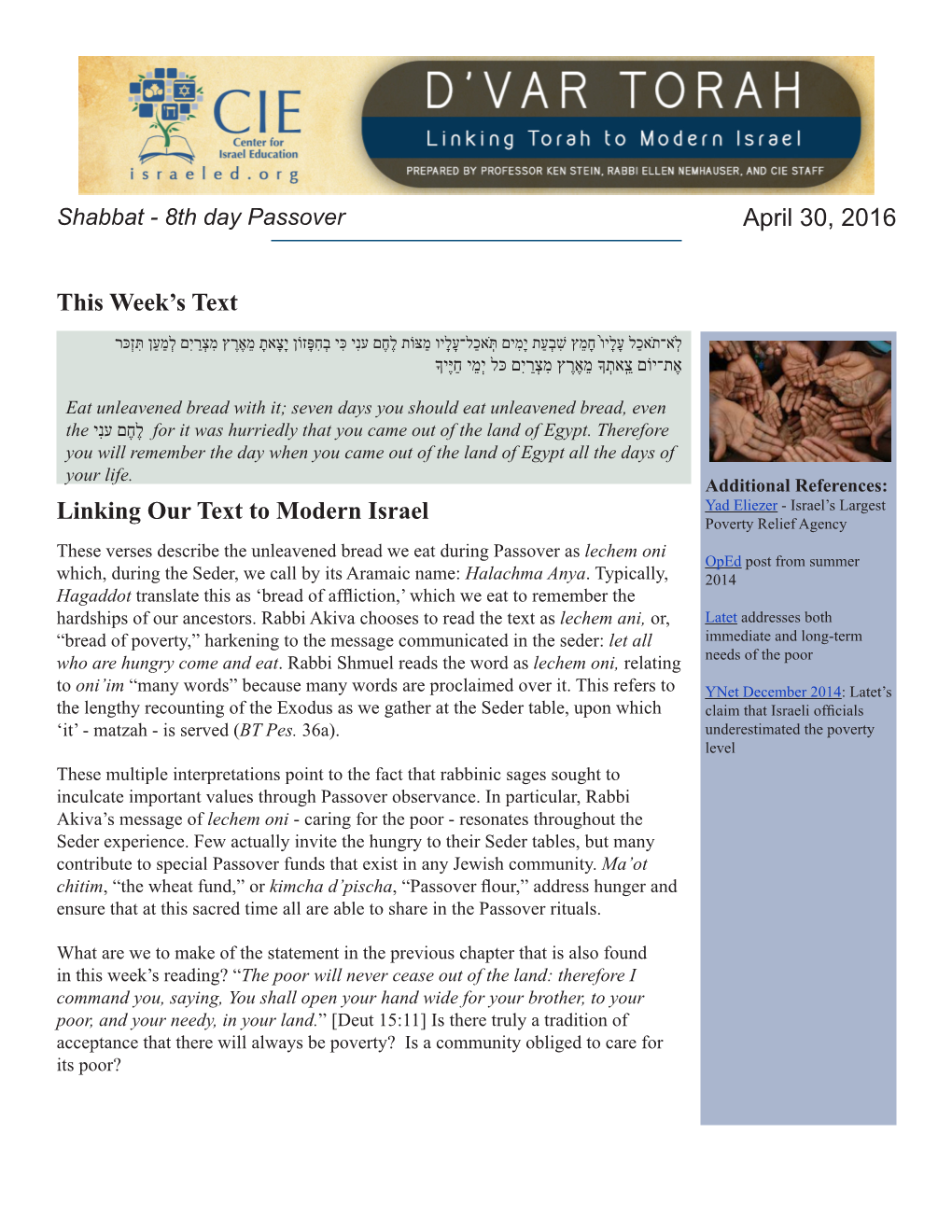 April 30, 2016 This Week's Text Linking Our Text to Modern Israel