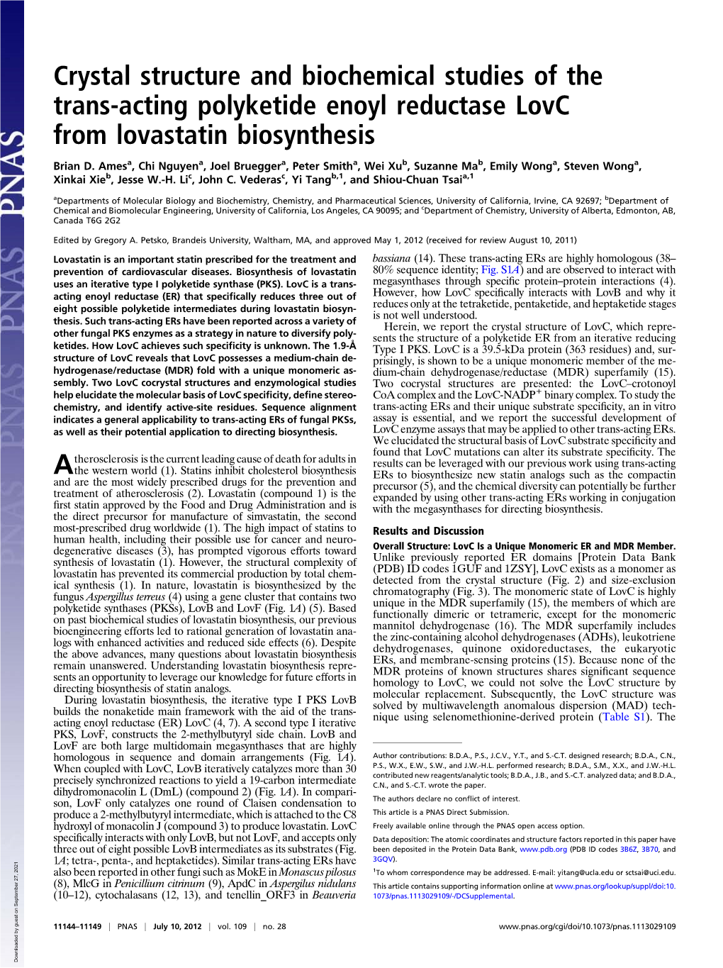 Crystal Structure and Biochemical Studies of the Trans-Acting Polyketide Enoyl Reductase Lovc from Lovastatin Biosynthesis