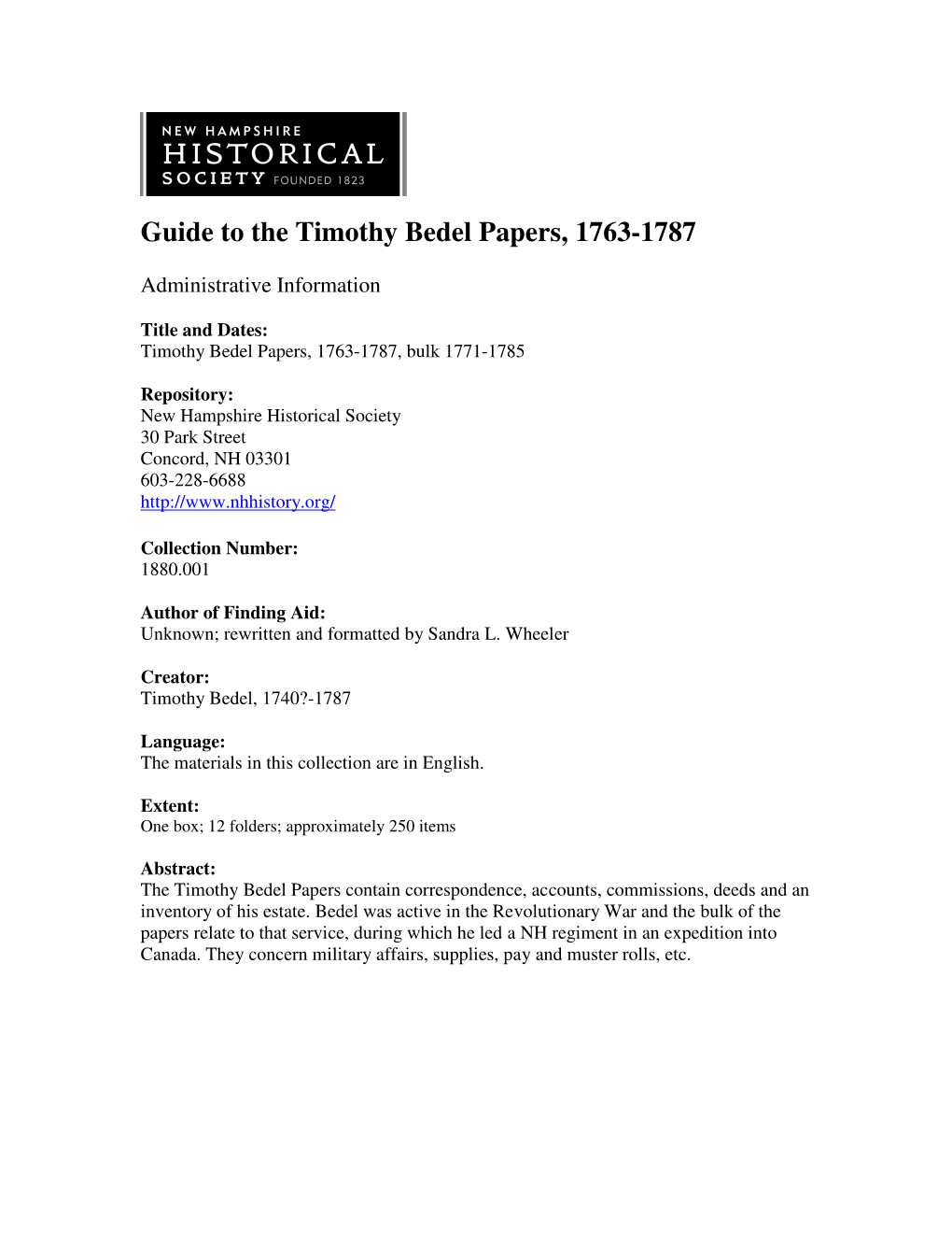 Guide to the Timothy Bedel Papers, 1763-1787