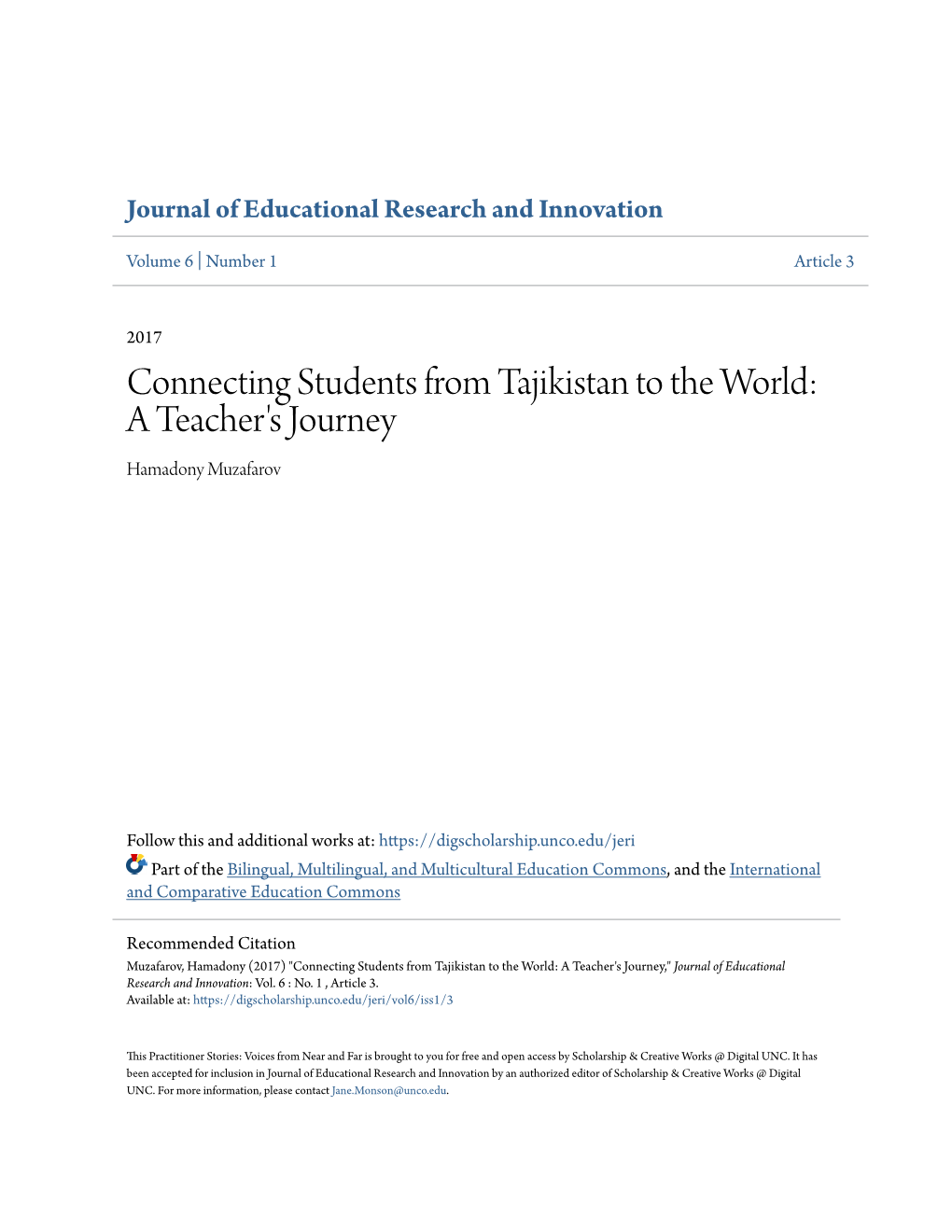 Connecting Students from Tajikistan to the World: a Teacher's Journey Hamadony Muzafarov