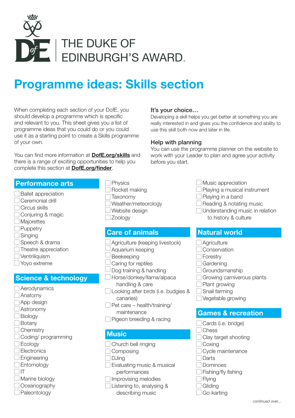 Programme Ideas: Skills Section