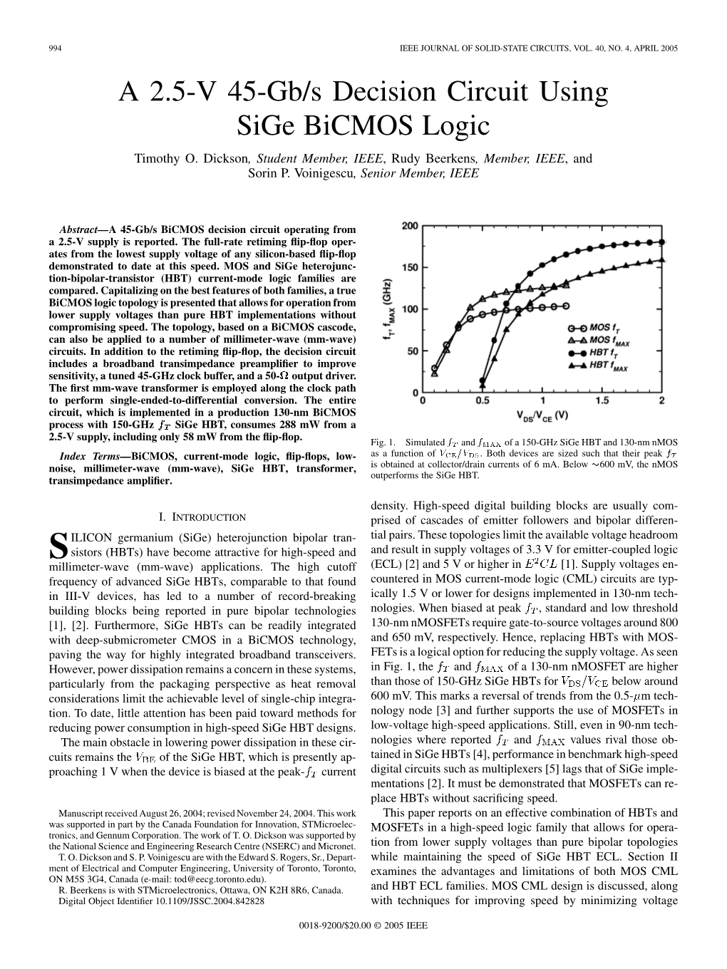 A 2.5-V 45-Gb/S Decision Circuit Using Sige Bicmos Logic Timothy O