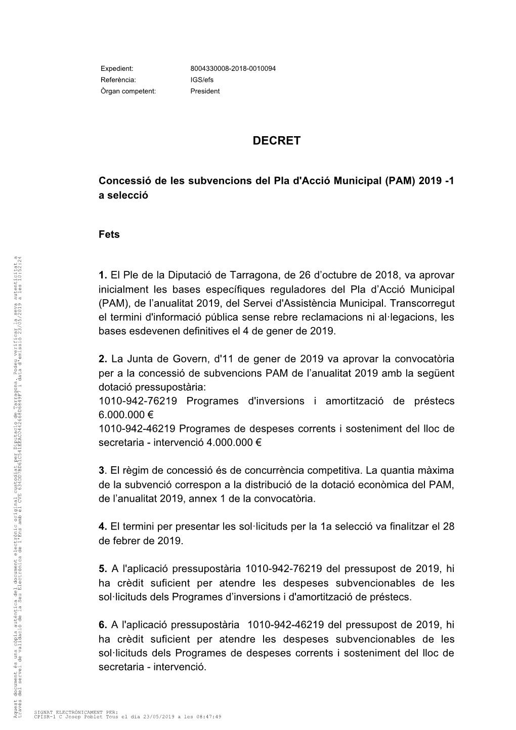 Concessió De Les Subvencions PAM 2019-1A Selecció