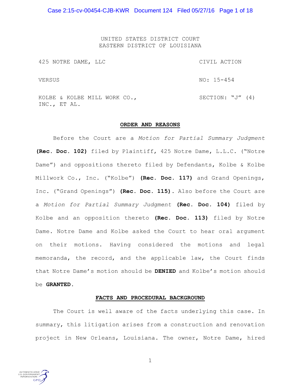 Case 2:15-Cv-00454-CJB-KWR Document 124 Filed 05/27/16 Page 1 of 18